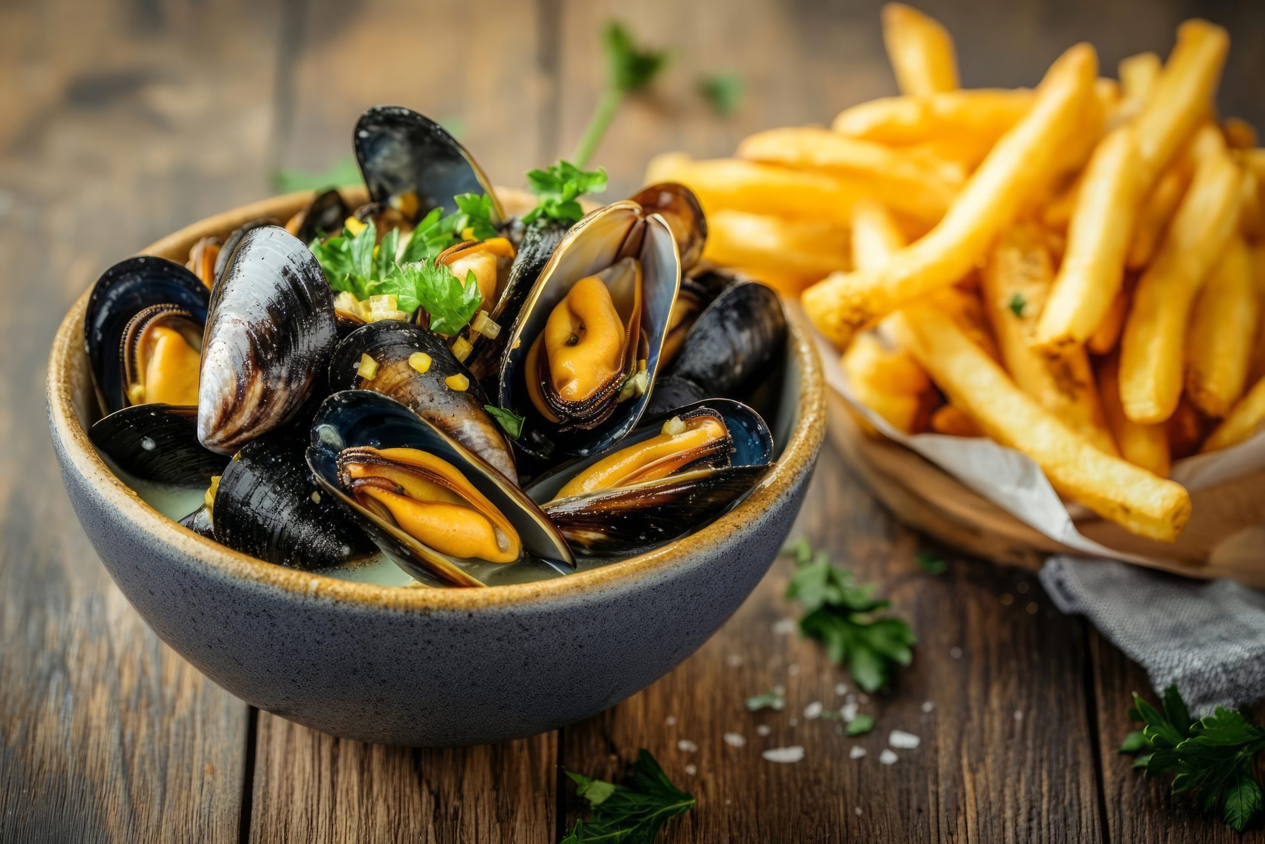 A dark gray bowl of mussels in a creamy sauce, garnished with parsley, sits beside a bowl of golden french fries on a dark wooden table. Salt and additional parsley are scattered nearby