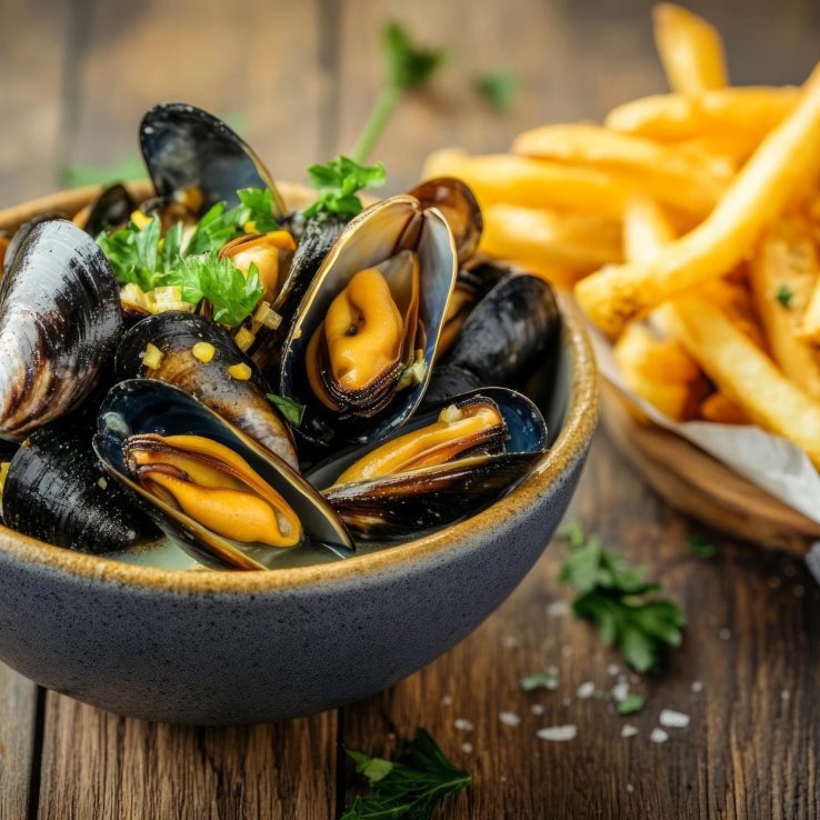 A dark gray bowl of mussels in a creamy sauce, garnished with parsley, sits beside a bowl of golden french fries on a dark wooden table. Salt and additional parsley are scattered nearby