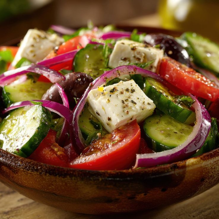 Fresh salad with tomatoes, cucumbers, red onion, feta cheese, and olives served in wooden bowl for nutritious meal